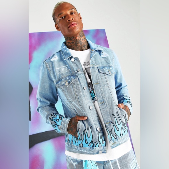 BOOHOO MAN QUAVO SKULL AND FLAME DENIM JACKET - Picture 2 of 7